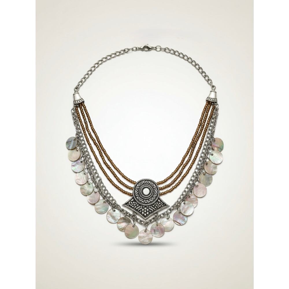 Boho Layered Necklace Mother of Pearl Silver Medallion Handmade
